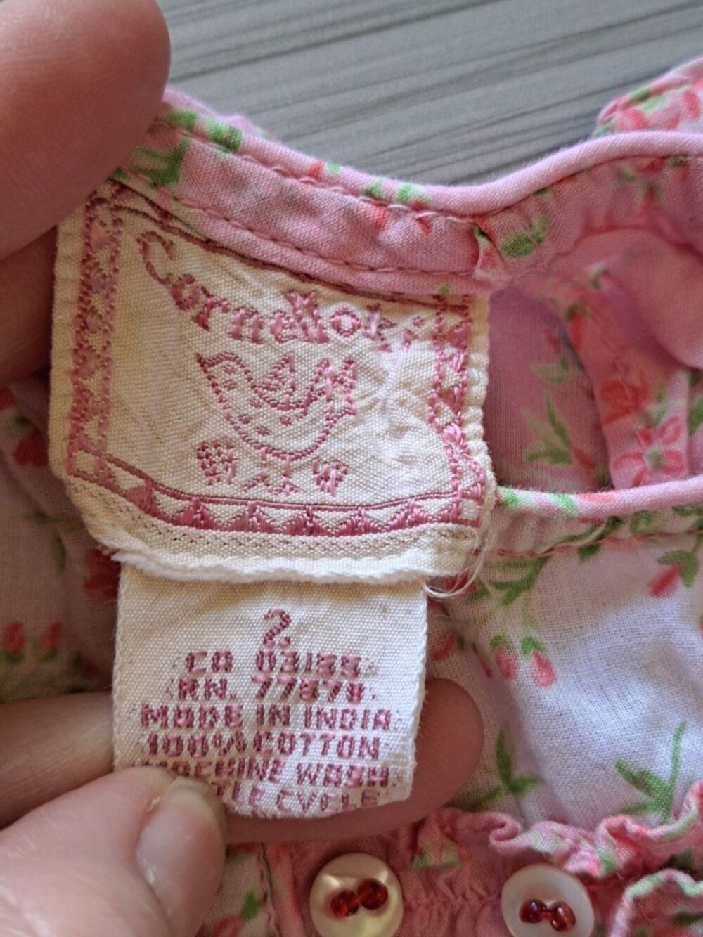 Corneloki Pink Floral Toddler Dress Ruffle Trim Button Size 2 Cotton Cottage - Picture 2 of 11